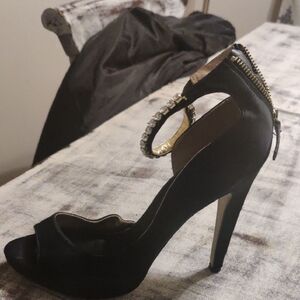 Nine West Black Peep-Toe Heels with Gold Accents